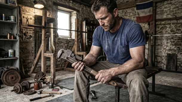 Un homme concentré sur la force fonctionnelle dans un environnement brut.