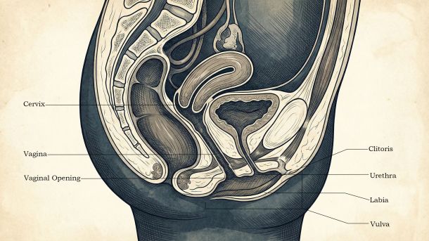Professional anatomical diagram of the female reproductive system for educational purposes.