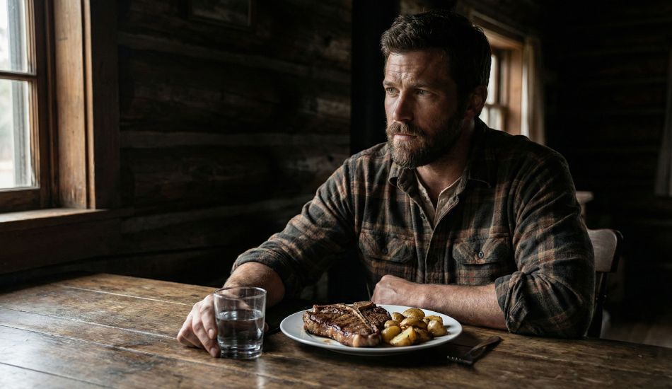 A rugged man sitting at a wooden table enjoying a hearty, traditional meal.