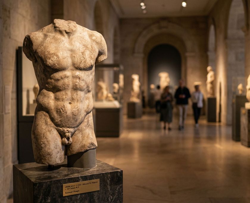 A weathered ancient stone sculpture representing historical ideals of masculinity and power.