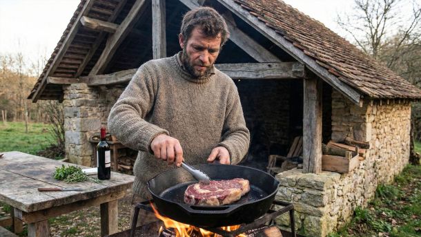 Un homme préparant un repas riche en protéines pour la performance dans un cadre rustique.