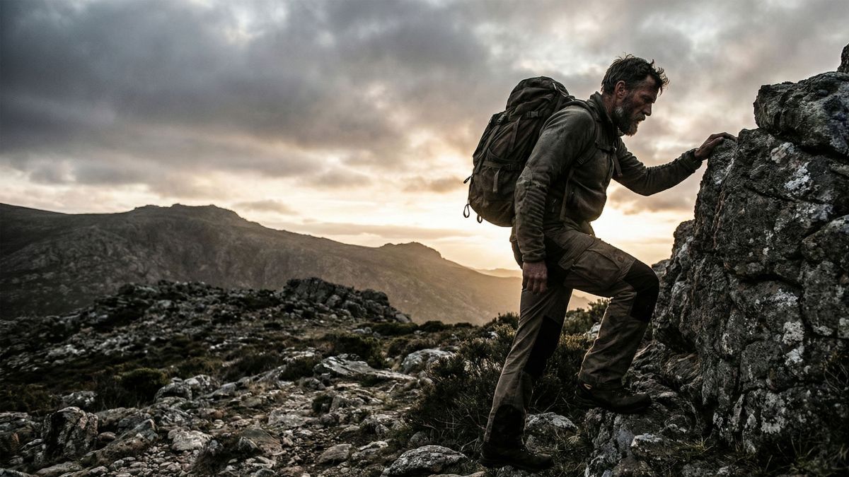 Ein muskulöser Mann beim Training in einer rauen Umgebung, der die traditionelle männliche Vitalität verkörpert.