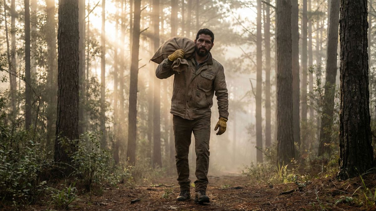 Un hombre demostrando fuerza funcional al cargar una pesada carga en un entorno natural.