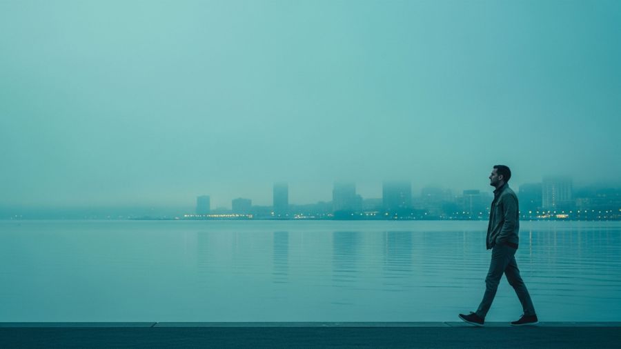Un homme marchant au bord d'un front de mer calme à l'aube, symbolisant l'équilibre entre l'ambition professionnelle et l'identité personnelle.