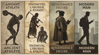 Illustration showing how male body ideals differed across historical eras, from Ancient Greece to the modern age