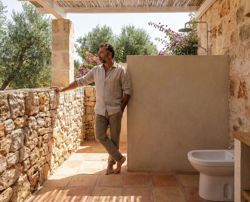 A clean, traditional Mediterranean bathroom setup highlighting a bidet for masculine hygiene.