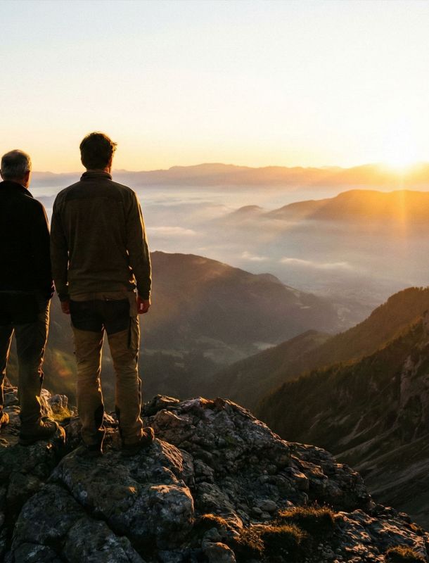 山の風景を見つめる父と息子。導きと男性的レガシーの継承を象徴する。