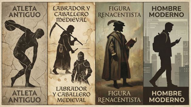 Ilustración que muestra cómo los ideales del cuerpo masculino variaron a lo largo de las eras históricas, desde la Antigua Grecia hasta la era moderna