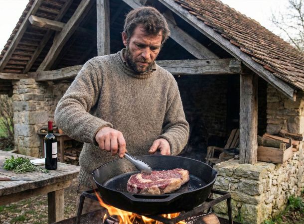 Un homme préparant un repas riche en protéines pour la performance dans un cadre rustique.
