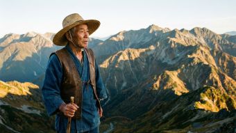 山脈を見渡す力強い男性。伝統的な男性の活力と提供者の役割を象徴している。