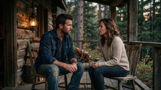 A confident man listening intently to a woman in a rustic outdoor setting.
