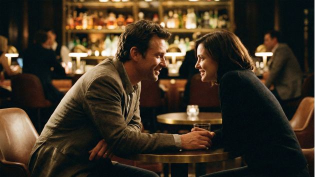 Ein Mann und eine Frau im Gespräch in einer Bar, die positive Körpersprache zeigen.