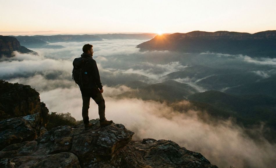 Ein Mann blickt während einer Solo-Expedition auf eine raue Berglandschaft.