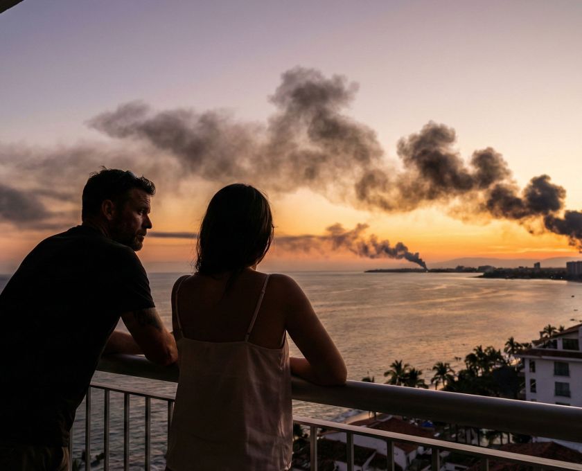 A sunset view of Puerto Vallarta representing the tension between beauty and social chaos.