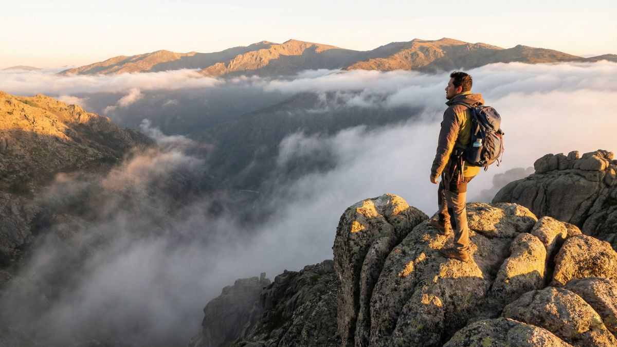 Un hombre contempla un paisaje montañoso y agreste durante una expedición en solitario.