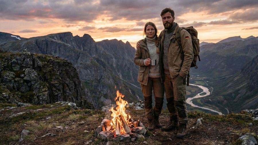Ein traditionelles Paar steht gemeinsam in einer rauen Außenlandschaft.