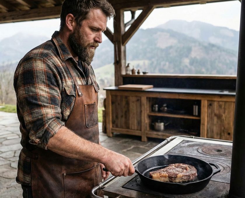 Ein Mann bereitet proteinreiche Leistungsnahrung in einer rustikalen Umgebung zu.