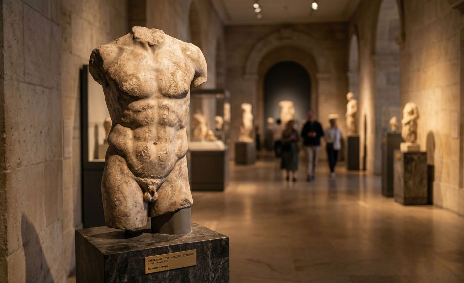 A weathered ancient stone sculpture representing historical ideals of masculinity and power.