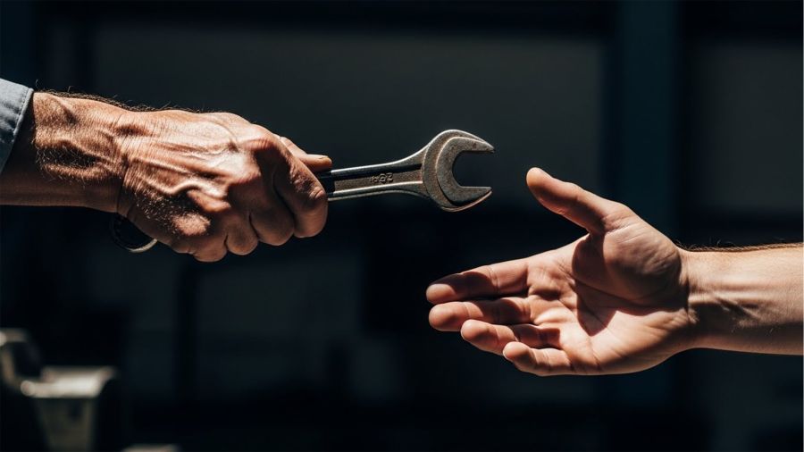 息子に技術を教える父親。知識の伝承と家系の象徴。