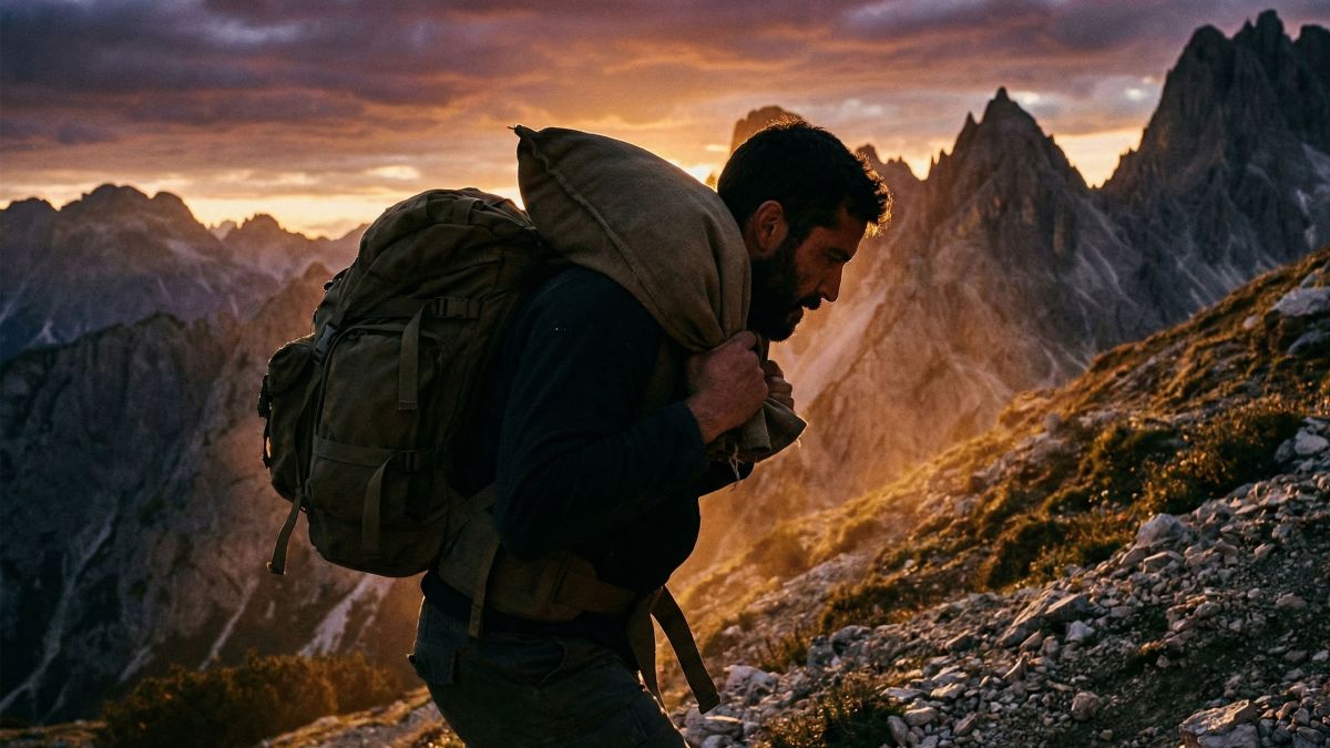 Um homem com equipamento robusto realizando um exercício funcional de carga ao ar livre, representando o treinamento de guerreiros antigos.
