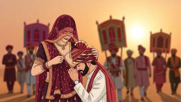 Ilustración del ritual Ma ka Doodh Pilana en la baraat de boda de Rajastán