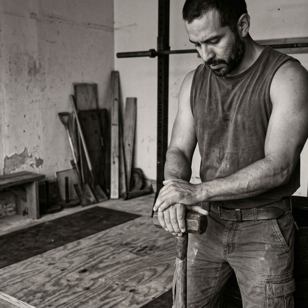 Un hombre enfocado en fuerza funcional en un entorno rudo.