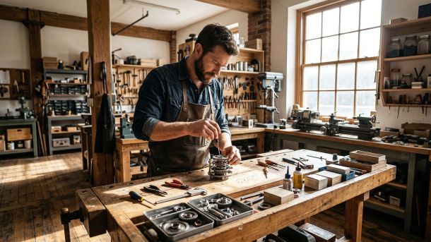 A man in a workshop symbolizing the focused and mechanical approach to relationship communication.