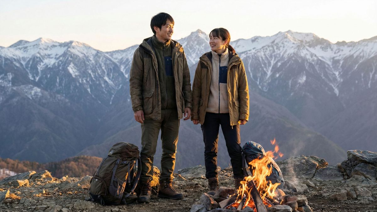 荒々しい自然の中で並んで立つ伝統的なカップル。