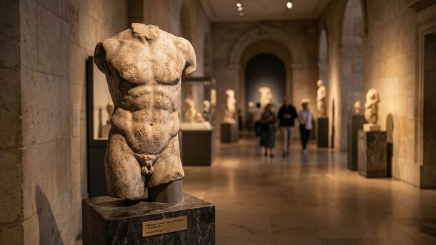 A weathered ancient stone sculpture representing historical ideals of masculinity and power.