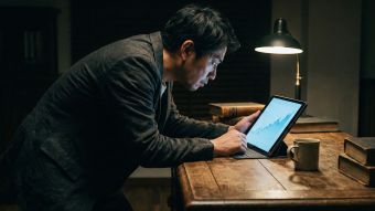 書斎でデジタルタブレットのデータ傾向を批判的に分析する男性。