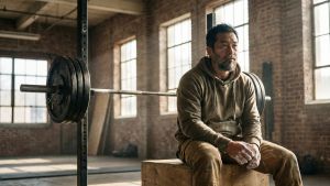 重いリフトの間で休憩する男性：賢い筋力トレーニングと回復を例示