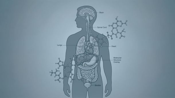 Illustration of male figure overlaid with microplastic molecular structure, representing testosterone decline forecast to 2050