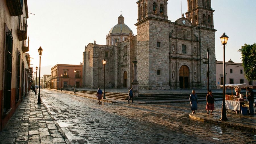 Una plaza colonial histórica y tranquila que representa valores comunitarios tradicionales.