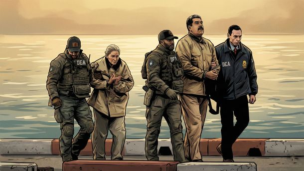 Eine symbolische Darstellung des Falls des venezolanischen Regimes und des Übergangs der Macht in rechtlichen Gewahrsam.