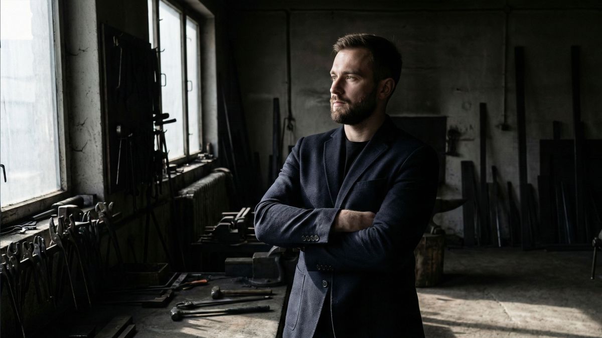 Ein selbstbewusster Mann mit starker Körperhaltung und offener Körpersprache.