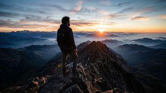 Un hombre de pie en una cima rocosa observando un amplio valle al amanecer.