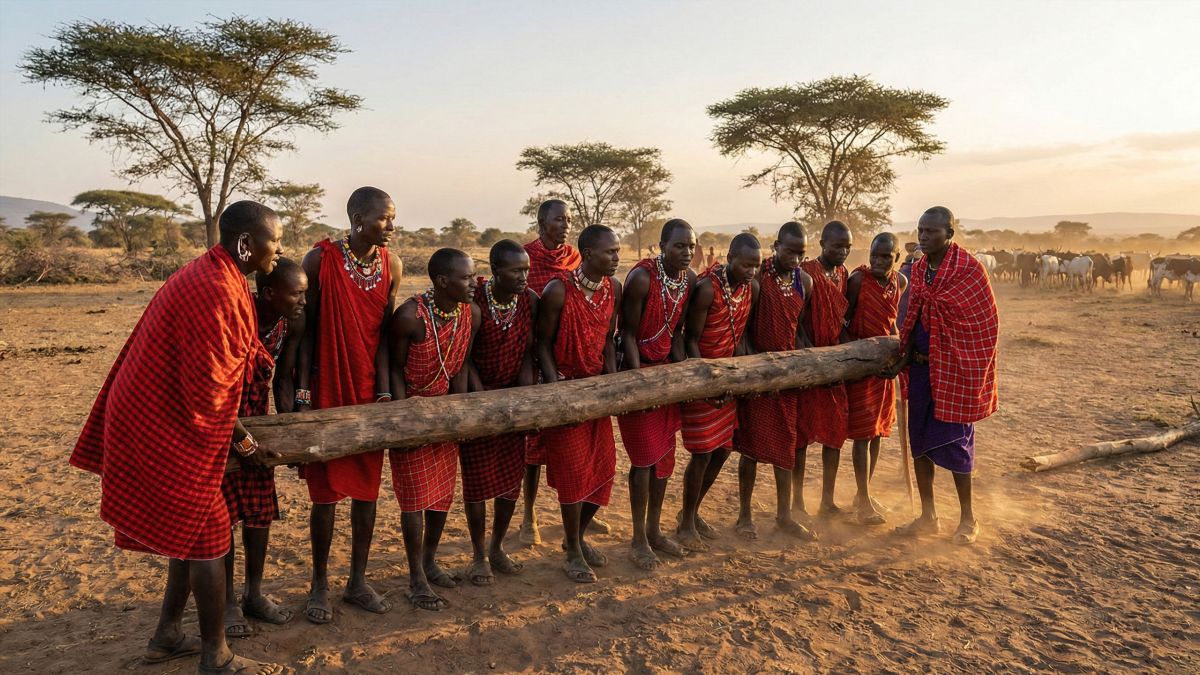 Um grupo de homens em trajes tradicionais juntos, representando a identidade masculina global e a antropologia cultural.