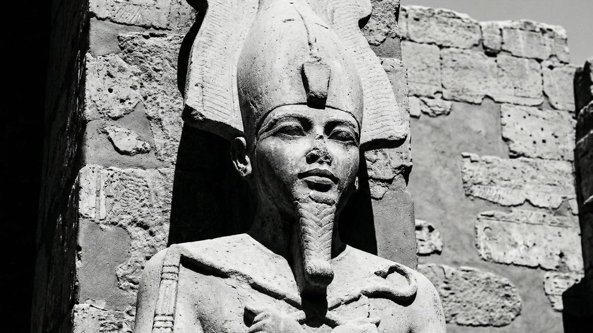 Escultura em pedra de uma divindade antiga representando força e potência masculina.