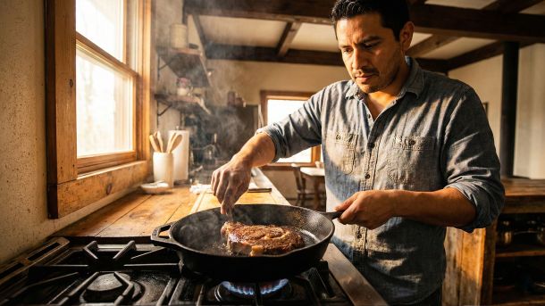 Un hombre preparando una comida rica en proteínas, representando la nutrición de rendimiento y el rol de proveedor.