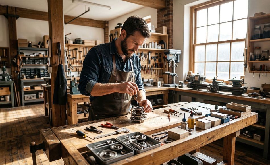 A man in a workshop symbolizing the focused and mechanical approach to relationship communication.