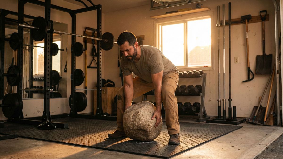 Un hombre realizando un levantamiento con un objeto irregular para desarrollar fuerza funcional de guerrero.