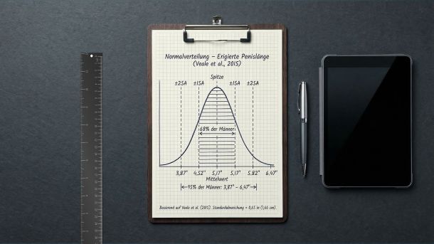 Ein Metalllineal neben einem Klemmbrett mit einer statistischen Glockenkurve — Darstellung klinischer Daten aus der Penisgrößen-Metaanalyse von 2015 mit 15.521 Männern.