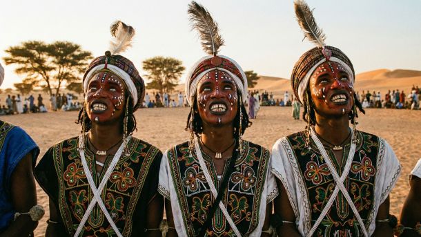 Wodaabe men performing the Yaake dance at the Gerewol festival in Niger.