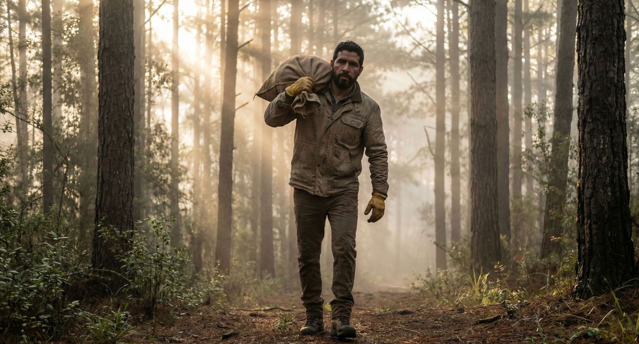 Un hombre demostrando fuerza funcional al cargar una pesada carga en un entorno natural.