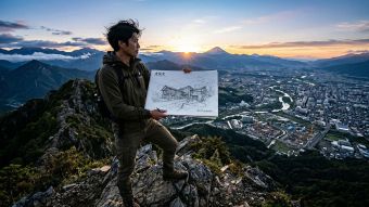 力強く立って風景を見渡す男性で、リーダーシップとビジョンを象徴。