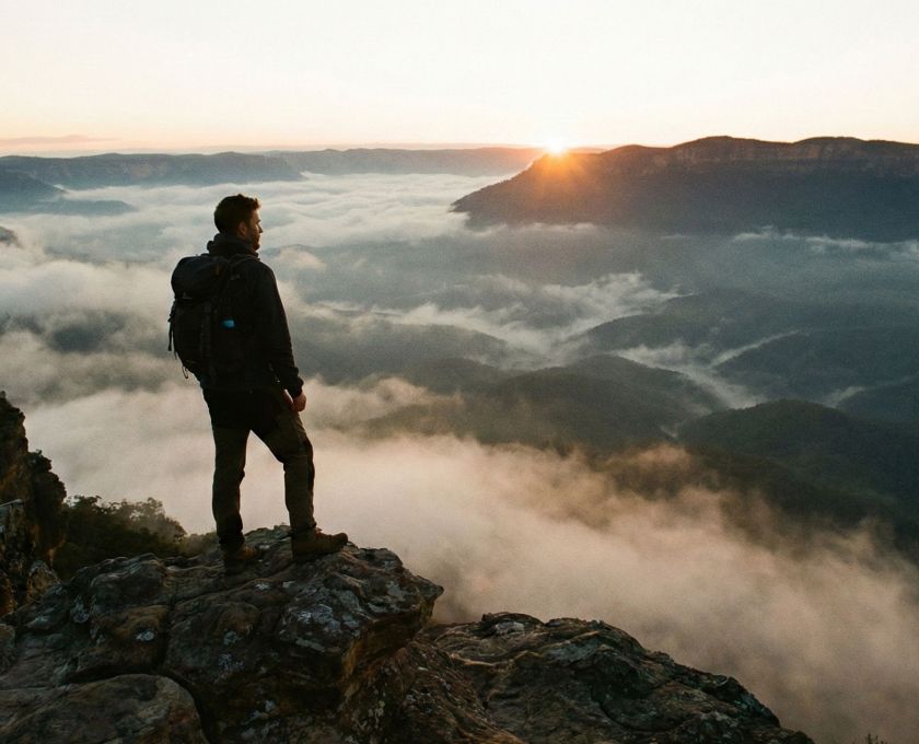 A man overlooks a rugged mountain landscape during a solo expedition.