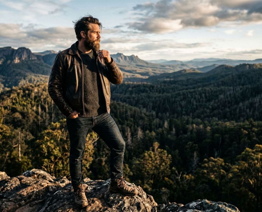 A determined man overlooking a valley, representing masculine health and generational legacy.