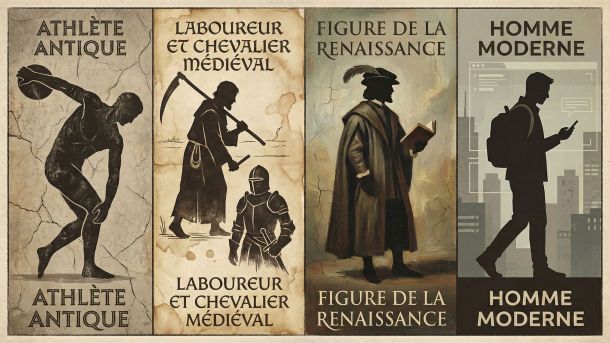 Illustration montrant comment les idéaux du corps masculin ont varié selon les époques historiques, de la Grèce antique à l’ère moderne