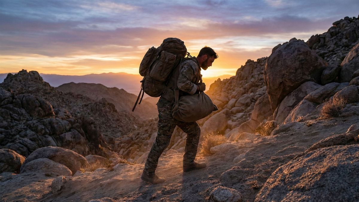 A man in rugged gear performing a functional carry workout outdoors, representing ancient warrior training.