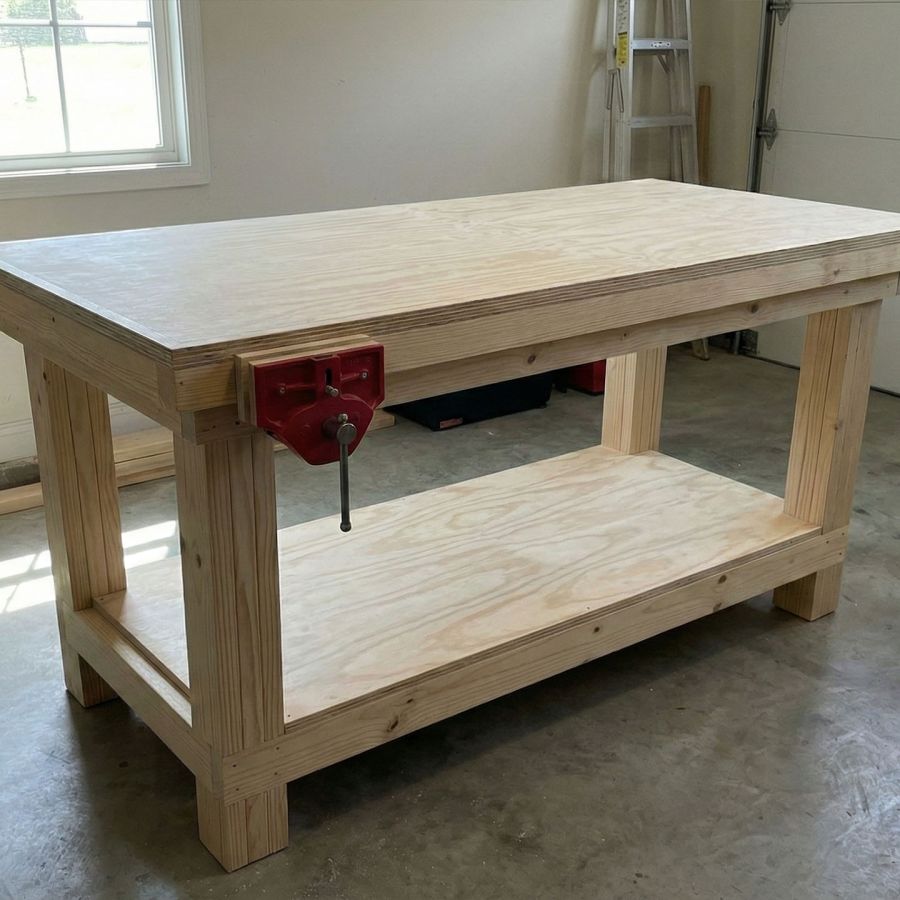 Banco de trabajo de madera de alta resistencia terminado con cubierta doble de contrachapado y prensa metálica roja en un taller de garaje.